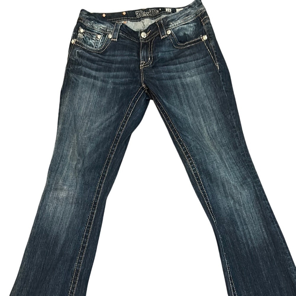 Miss Me Blue and Gold Easy Boot Cut Jeans with Ornate Embellishments - Picture 2 of 3